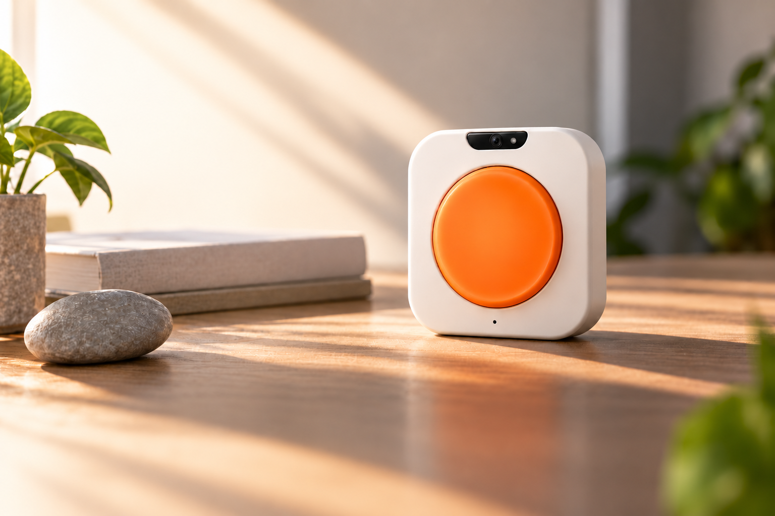 An illustrative MEMENTO device: a rounded off-white body, large orange button and small upper sensor, on a sunlit wooden table.